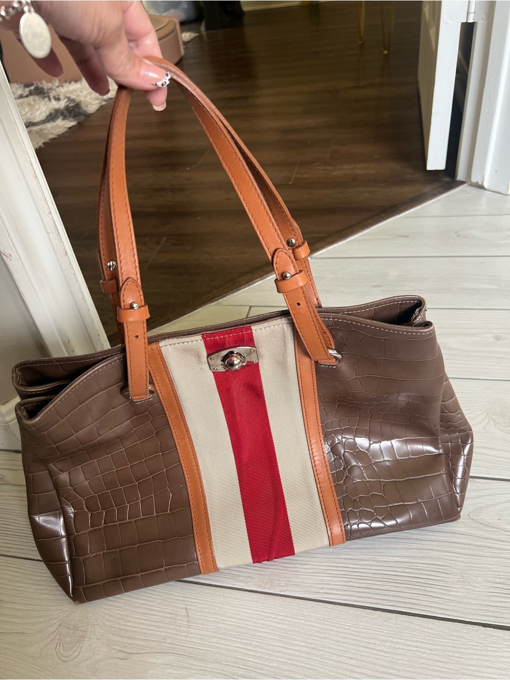 Furla Brown Croc-Embossed Shoulder Bag with Red & Cream Stripe